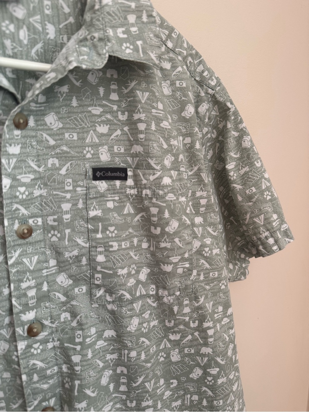 Columbia Outdoor Camping Print Button Front Shirt Men’s Large 100% Cotton Green - Picture 4 of 5